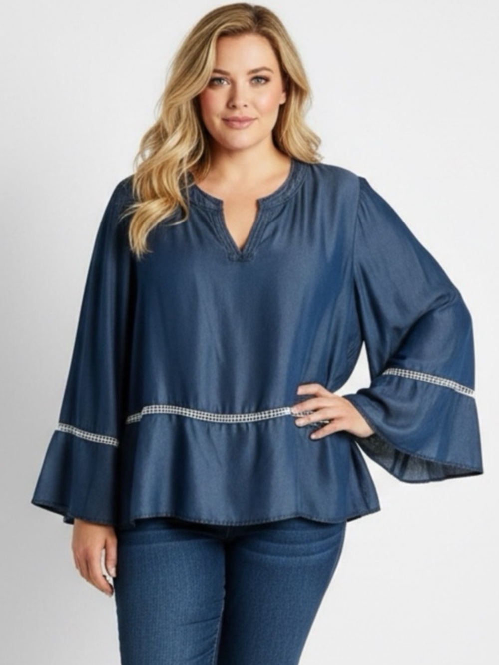 Chambray Bell Sleeve Boho Blouse Coastal Grandma Lightweight Top M Crotchet Trim